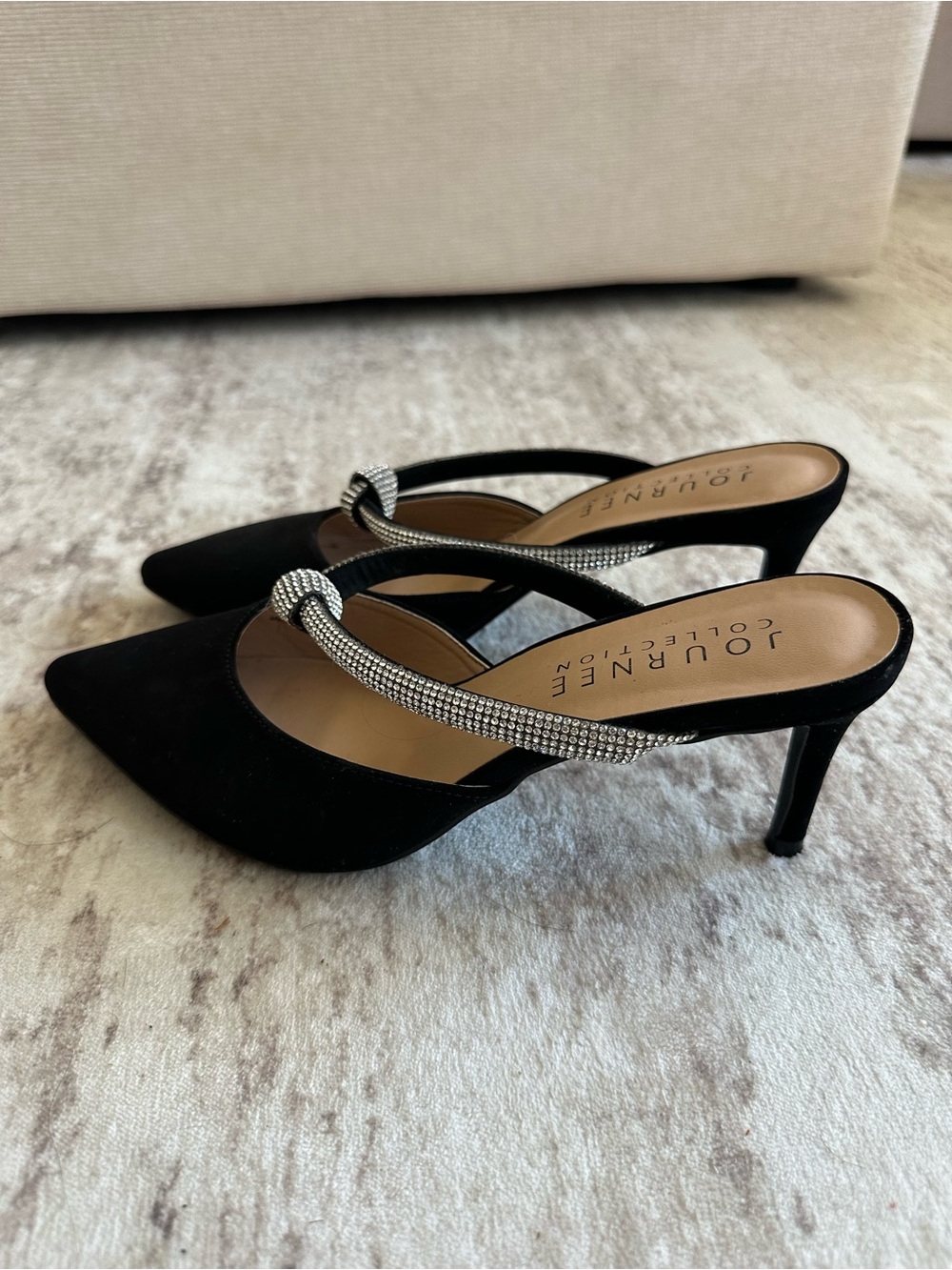 Journee Collection Black Pointed Toe Mules with Rhinestone Knot Strap 2inch